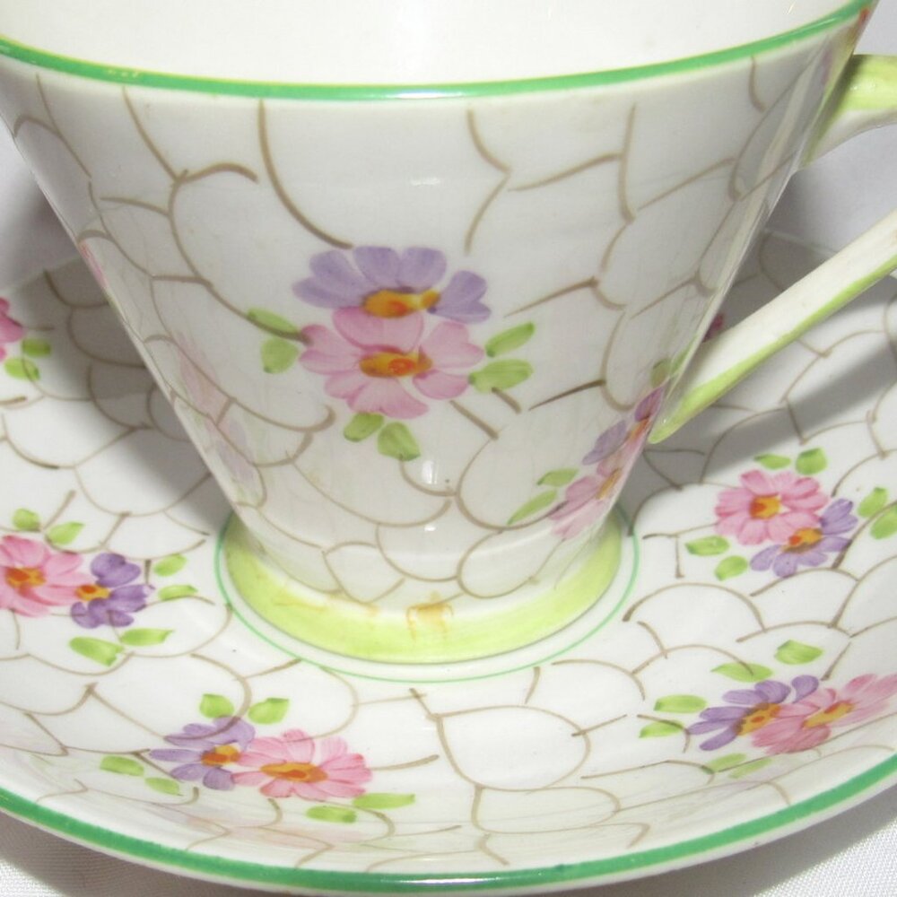 Phoenix Tea Cup and Saucer Hand Painted Pink and Purple Chintz Green Trim   H238